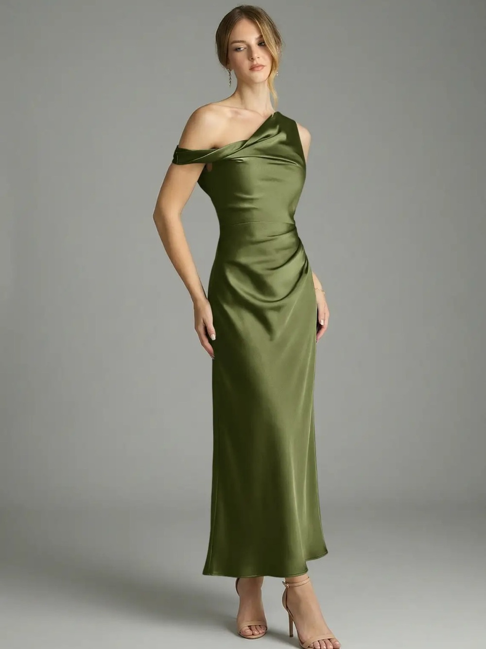 Azazie One-Shoulder Olive Satin Evening Gown - Picture 4 of 7